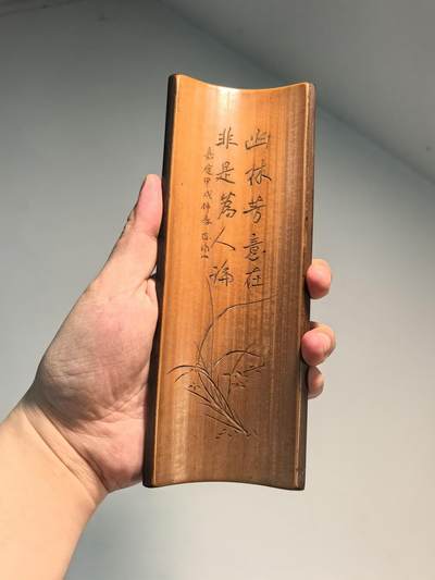 老竹雕风景诗文双面臂搁镇纸摆件 