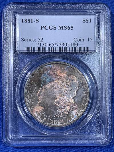 《竞宝斋》第439场 周日，周一，周二 3场连拍 （全场包邮） - PCGS MS65 美国1881年摩根银币S版，原汁原味五彩老包浆，正面五彩，背面类PL状态，状态一流。