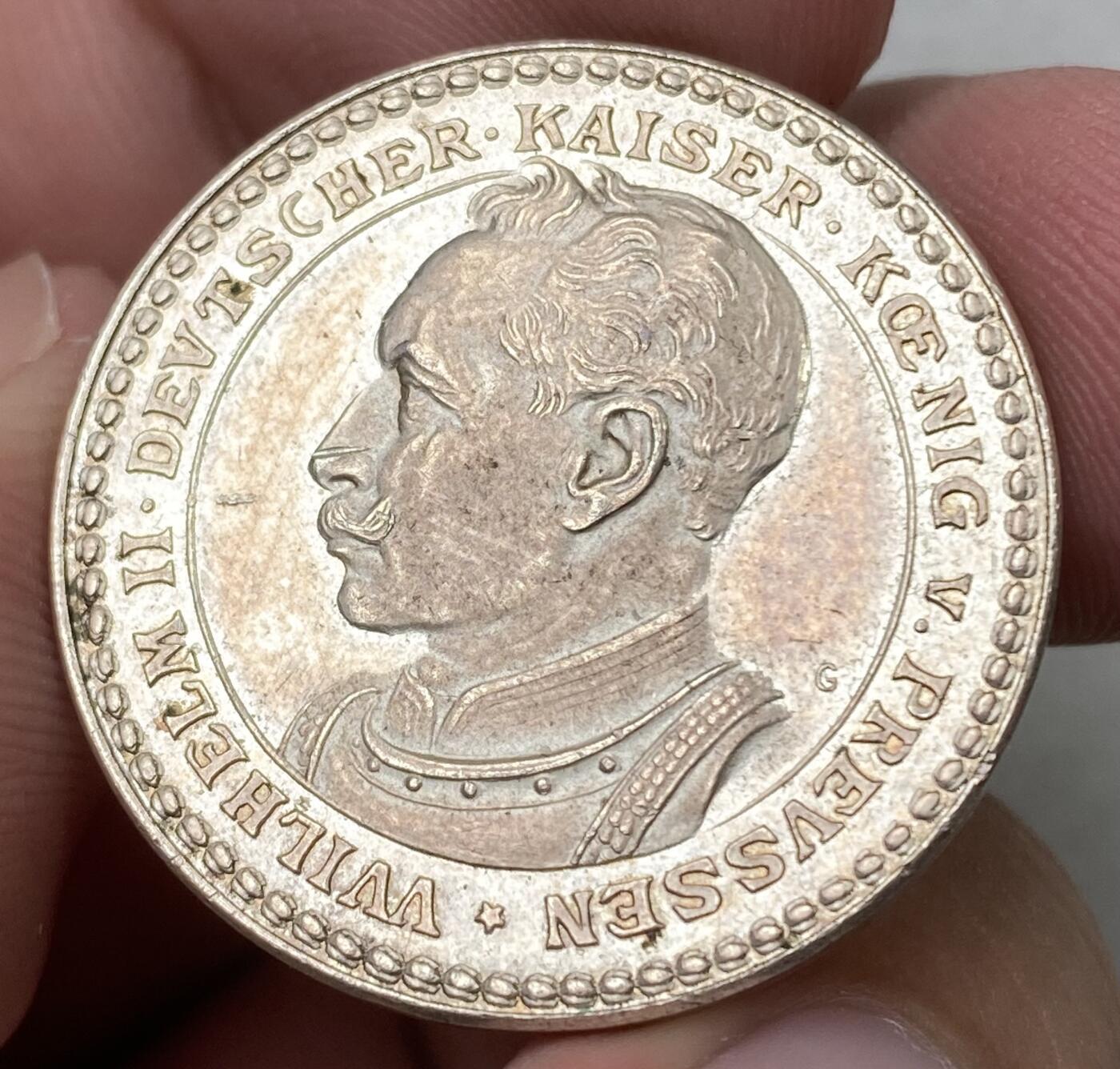 万国钱币拍卖第055期 1913年德国威廉二世2马克镀银样币 卡尔哥茨名家作品 镜面精铸 28mm 9.1g