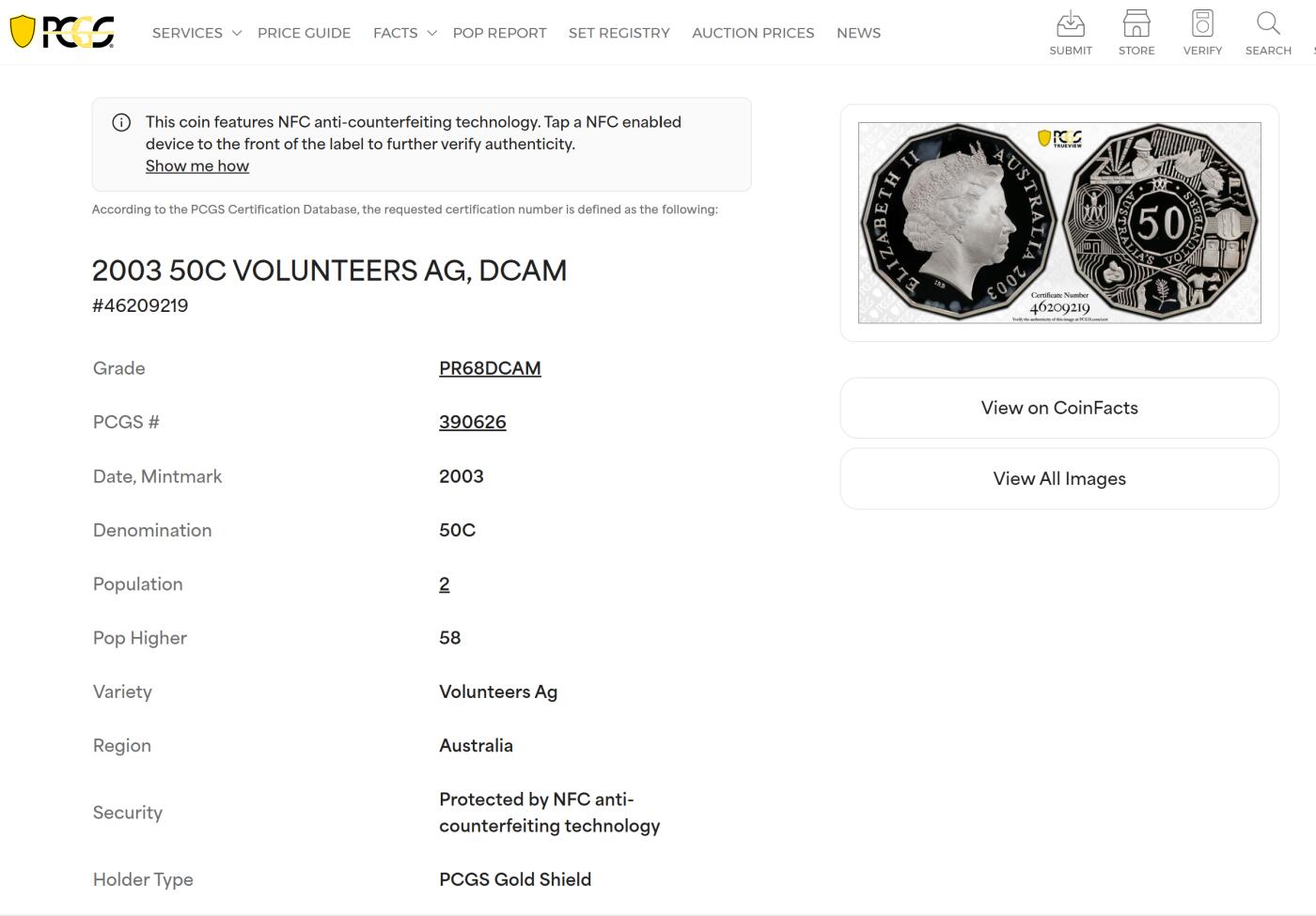 PThappally收藏第54次拍卖，英联邦地区硬币纸币 澳大利亚  2003 50 分 银币 18.24g PCGS PR68DCAM 