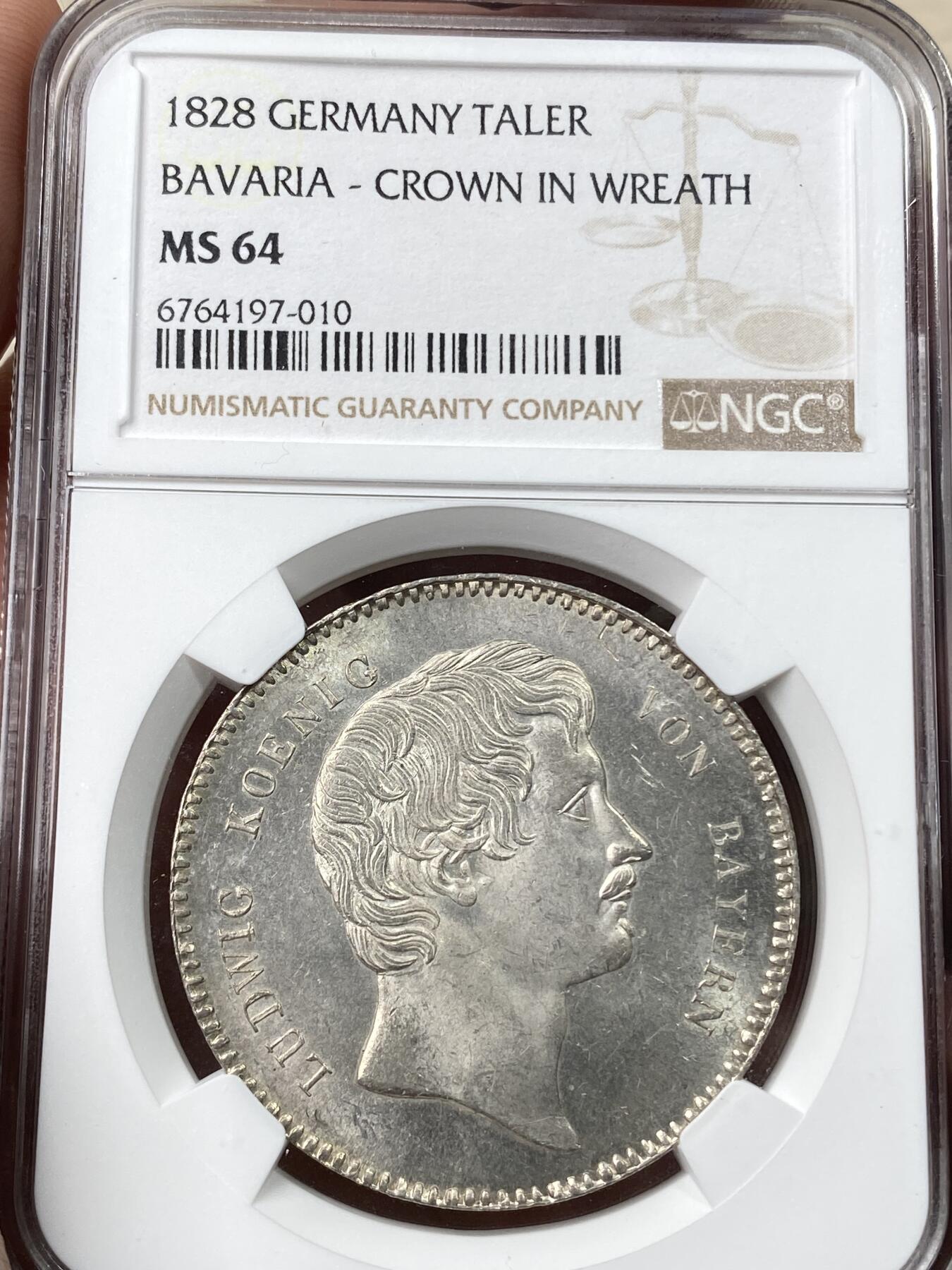 万国钱币拍卖第055期 NGC MS64 1828巴伐利亚路德维希一世皇冠流通大泰勒 流通极其充分的路一皇冠大泰勒 高分难得一见 顶级银霜丝绸转光 NGC唯一冠军分 