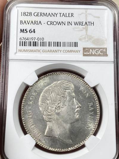 万国钱币拍卖第055期 - NGC MS64 1828巴伐利亚路德维希一世皇冠流通大泰勒 流通极其充分的路一皇冠大泰勒 高分难得一见 顶级银霜丝绸转光 NGC唯一冠军分 