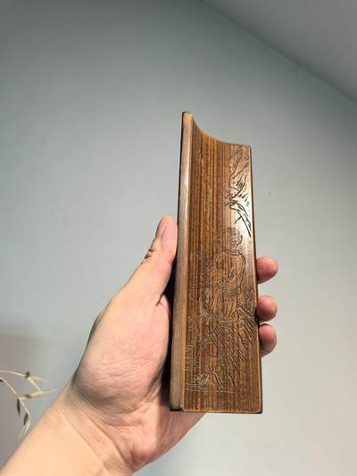 老竹雕人物诗文臂搁镇纸摆件  双面雕工