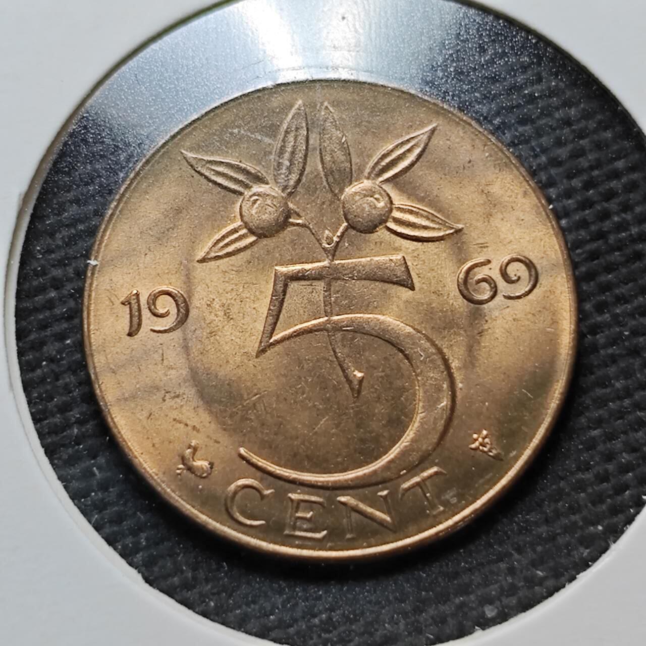 KK钱币收藏小铺  第372场  2月预留时间 周末发货  1969荷兰5分铜币