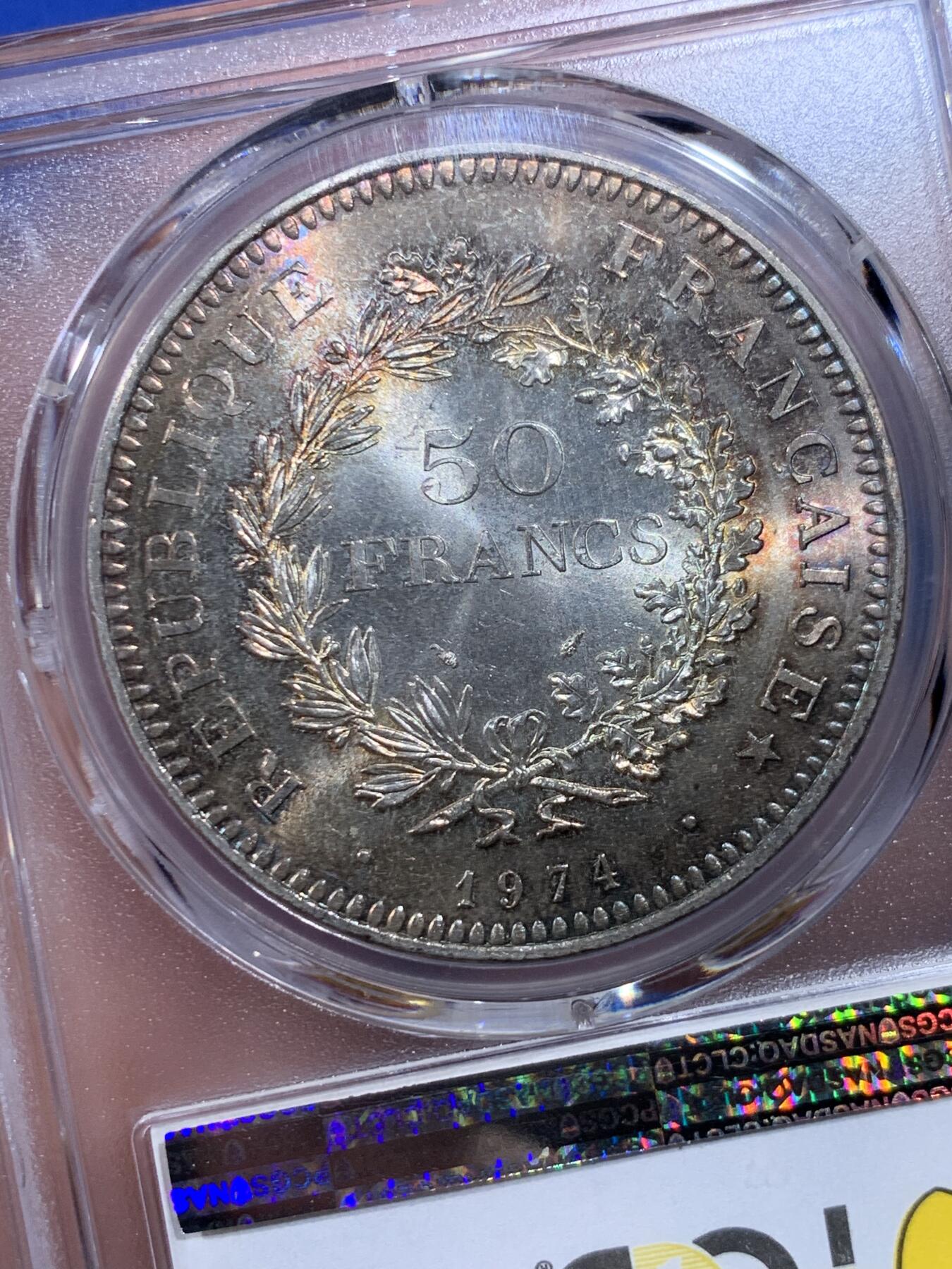 《竞宝斋》第439场 周日，周一，周二 3场连拍 （全场包邮） PCGS MS66 法国1974年大力神50法郎银币 顶级原光五彩 非常漂亮