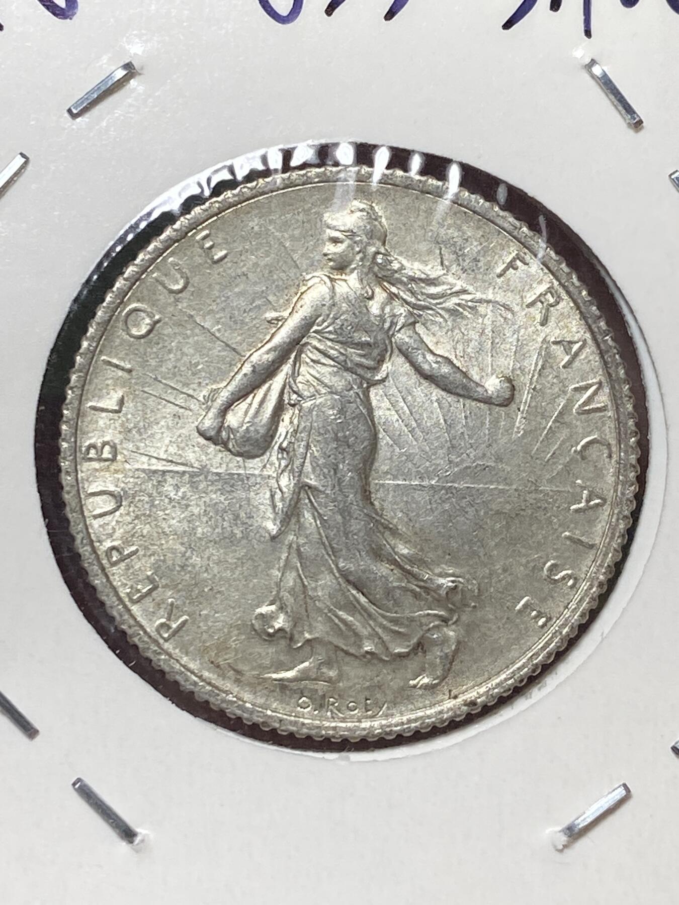 2025年第一百三十场(总第一百五十六场）外国好品纸夹散币场(免佣金) 带光好品–法国🇫🇷1918年1法郎银币(法兰西第三共和国时期，835高银)