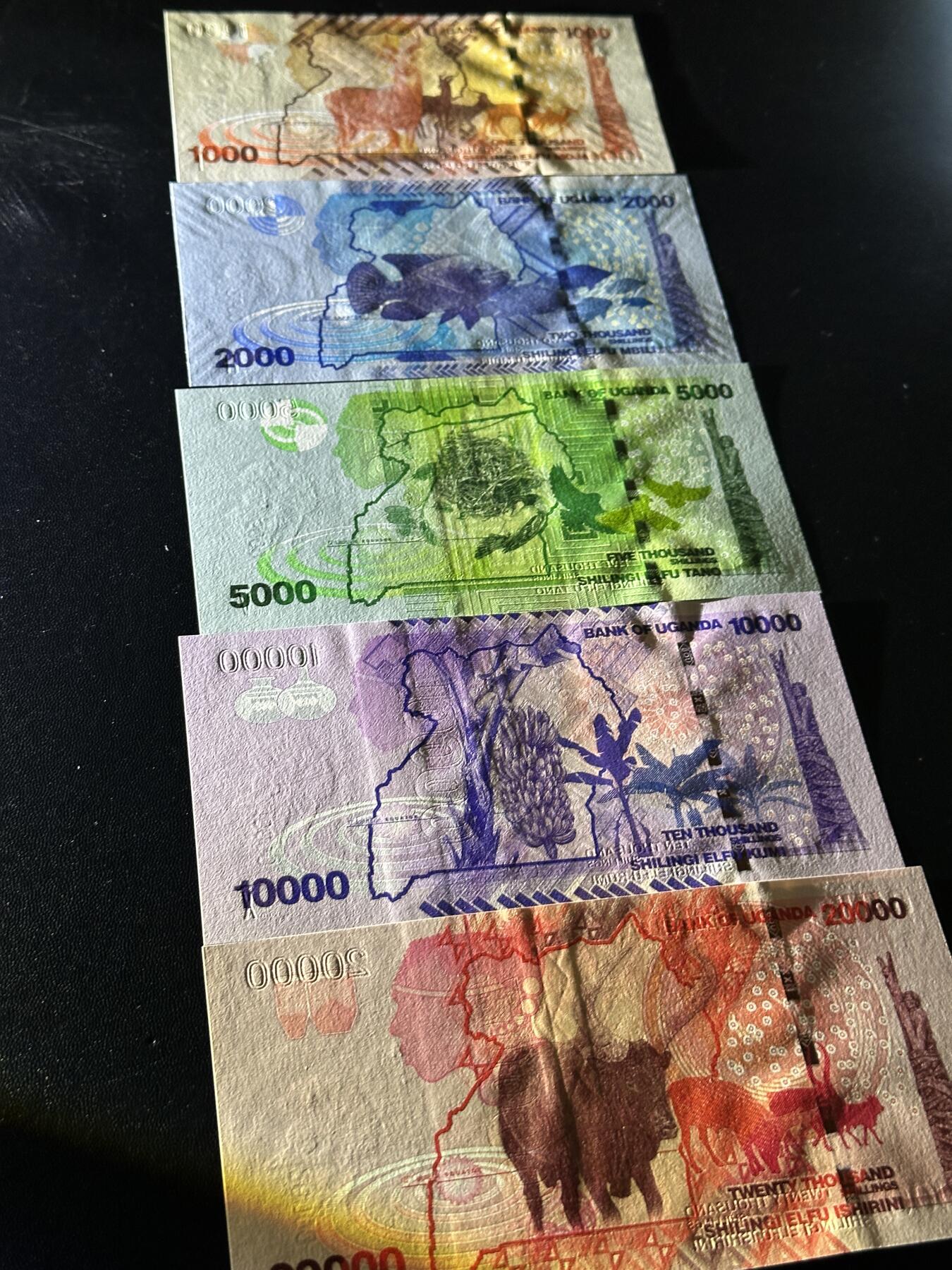 《外钞收藏家》第五百八十六期（品种丰富、精品多）（本平台长期征集拍品、欢迎藏友们联系合作） 乌干达1000-5万先令 五张一起 全新UNC 尾2同71