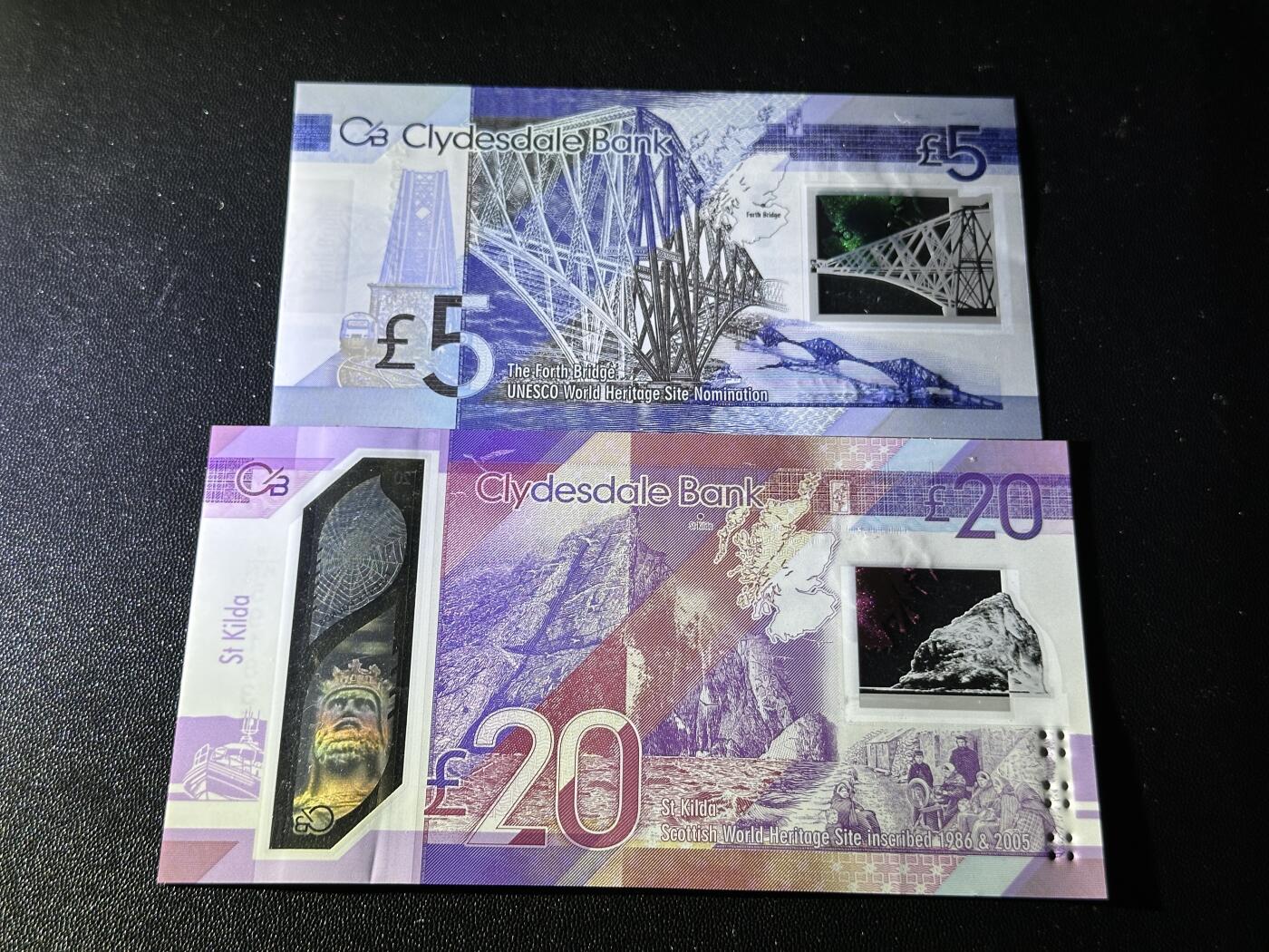 《外钞收藏家》第五百八十六期（品种丰富、精品多）（本平台长期征集拍品、欢迎藏友们联系合作） 2015年苏格兰克莱斯戴尔银行5镑+2005年20镑 2张一起 全新UNC