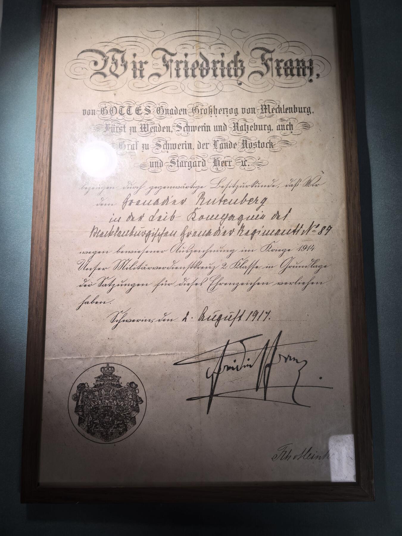 盛世勋华——号角文化勋章邮票专场拍卖第288期 德国（一战）梅克伦堡大公国英勇作战嘉奖令 1917年授予 带装裱框