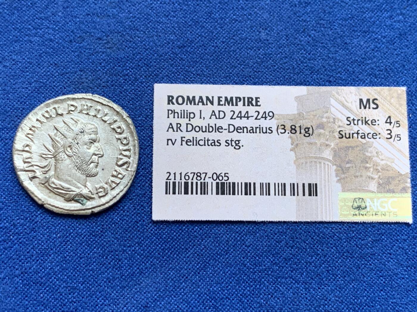 《竞宝斋》第439场 周日，周一，周二 3场连拍 （全场包邮） NGC MS 古罗马帝国银币，菲利普一世MS级别，欧洲老藏家托盘品种，只有币和原标签没有盒