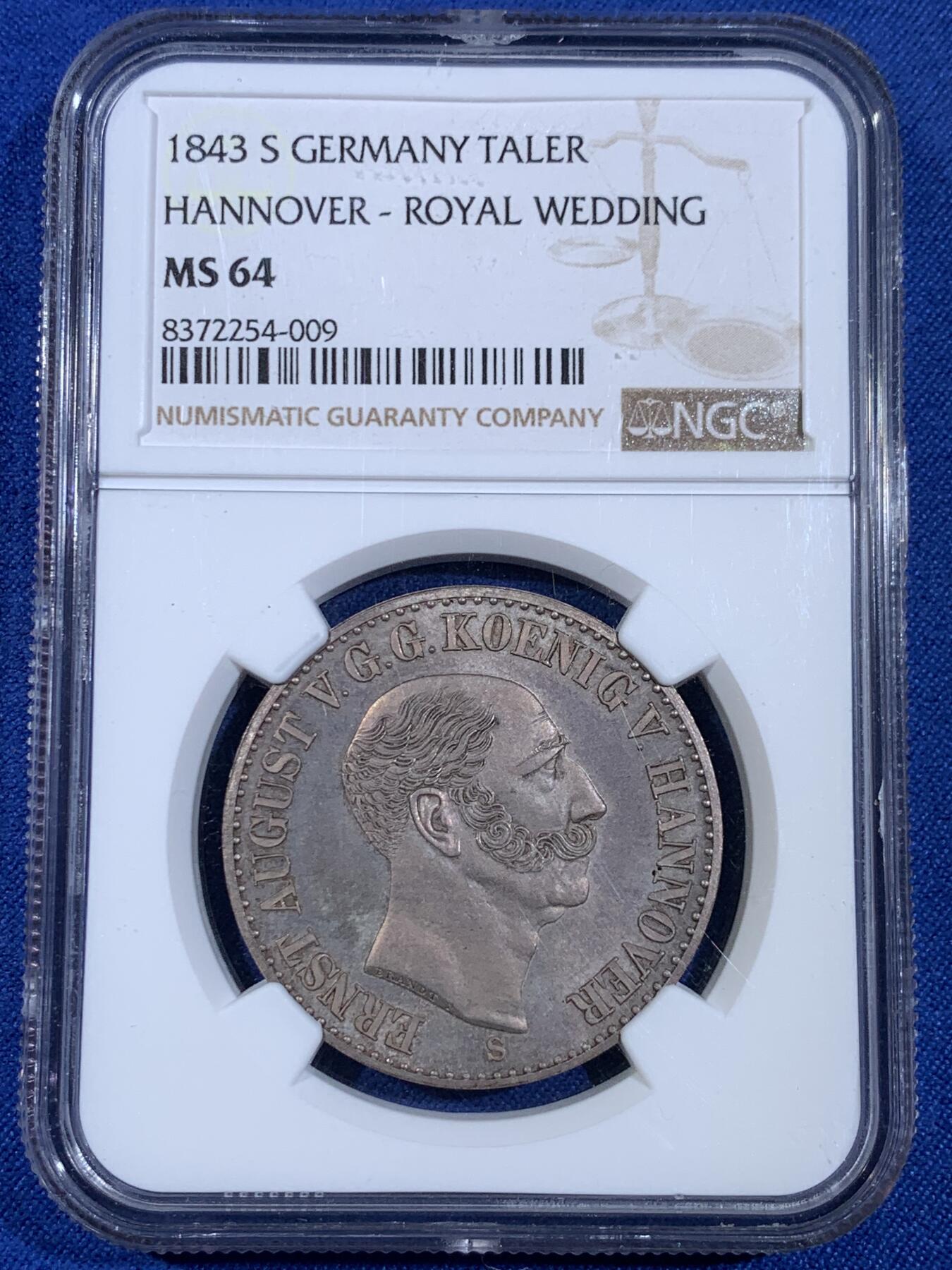 《竞宝斋》第439场 周日，周一，周二 3场连拍 （全场包邮） 亚军分 NGC MS64 德国 1843年 汉诺威王国 奥古斯特一世 皇家婚礼纪念泰勒 仅1010枚的发行量