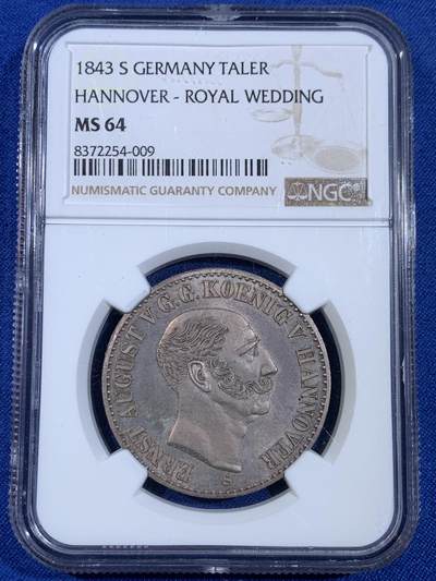 《竞宝斋》第439场 周日，周一，周二 3场连拍 （全场包邮） - 亚军分 NGC MS64 德国 1843年 汉诺威王国 奥古斯特一世 皇家婚礼纪念泰勒 仅1010枚的发行量