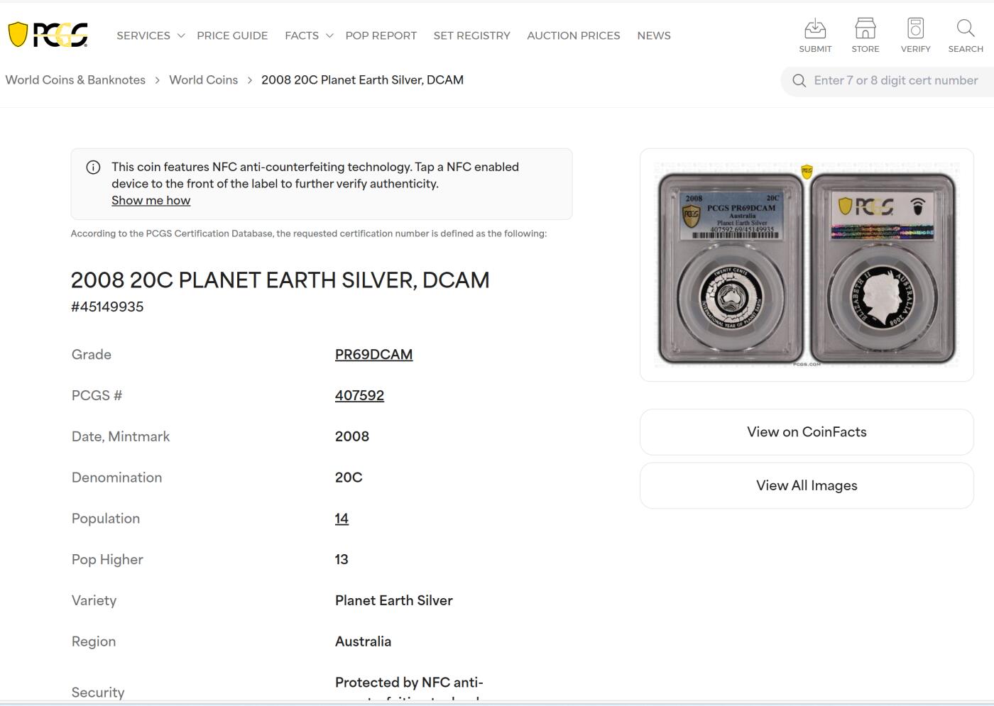 PThappally收藏第54次拍卖，英联邦地区硬币纸币  澳大利亚 2008 20分 13.36 g 铜镍币 PCGS PR69DCAM