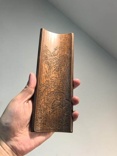 老竹雕双面风景诗文臂搁镇纸摆件 双面雕工