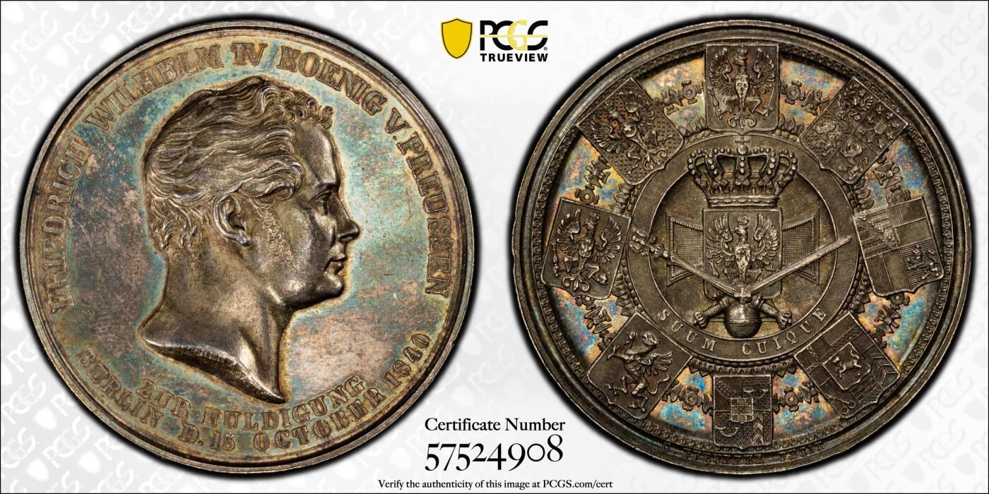 万国钱币拍卖第055期 PCGS MS62 1840年德国普鲁士威廉四世克承大统继国王位加冕纪念大银章 孔雀蓝彩包浆极美 普鲁士经典名誉加冕系列的开山之作 后续的威廉一世 二世均以此设计为蓝本