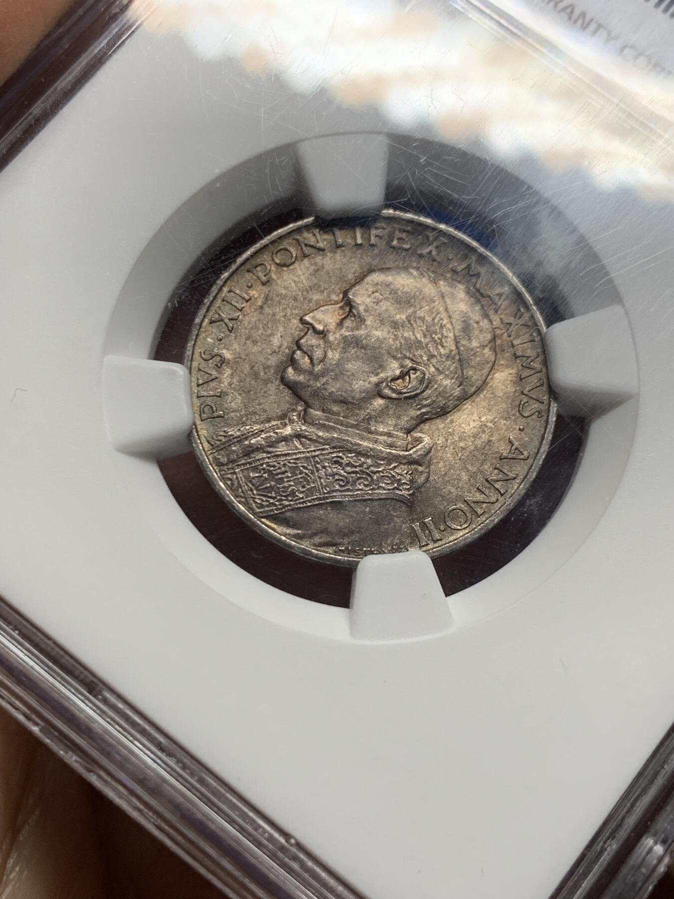 《竞宝斋》第439场 周日，周一，周二 3场连拍 （全场包邮） NGC MS63 教皇国梵蒂冈1940庇护十二世5里拉银币