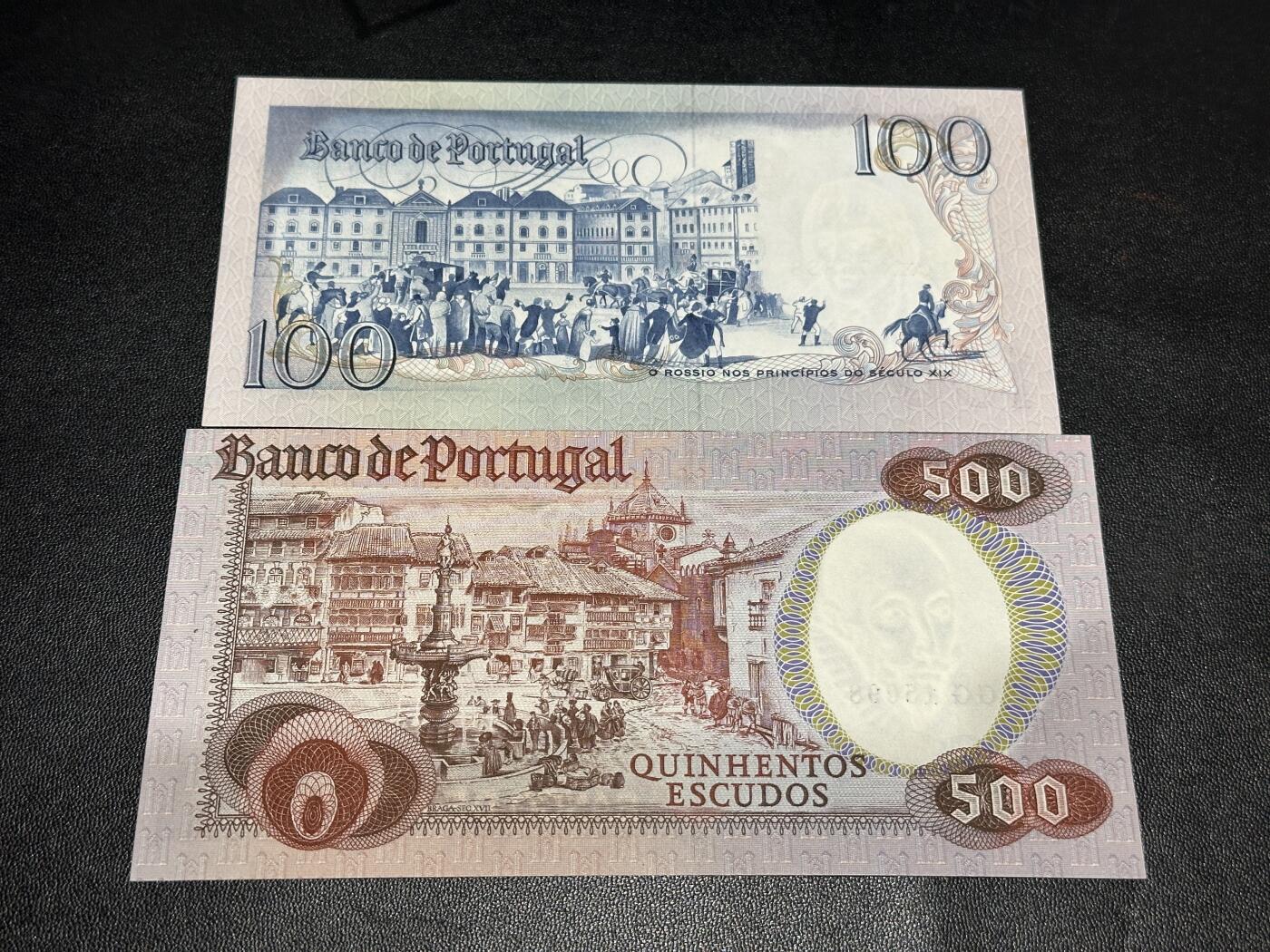 《外钞收藏家》第五百八十六期（品种丰富、精品多）（本平台长期征集拍品、欢迎藏友们联系合作） 葡萄牙100（豹子号888）、500（无47尾8）、5000三张一起 全新UNC