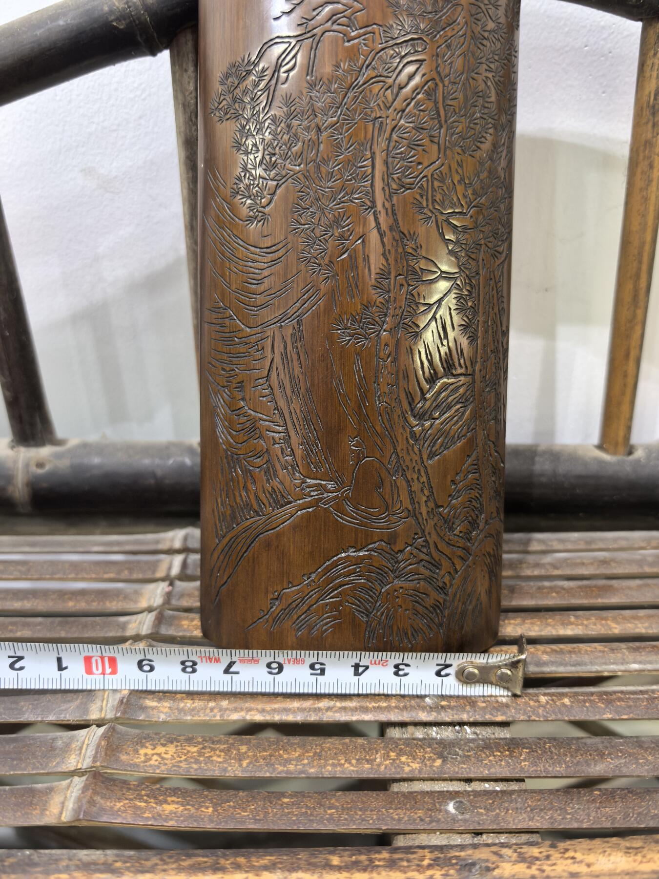 兰馨堂古玩杂项专场 老竹雕风景诗文臂搁镇纸摆件 双面雕工