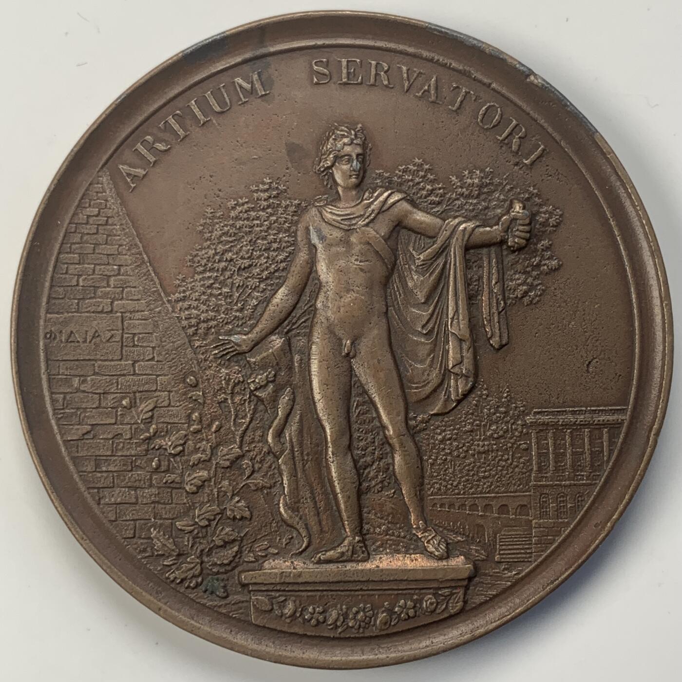 掌中浮雕-藏着的欧洲第042场 1822年瑞士日内瓦艺术协会奖章，60mm，正面阿波罗雕像上方的拉丁文意为“艺术的保护者”，背面日内瓦城市纹章上方的文字意为“黑暗之后的光明”