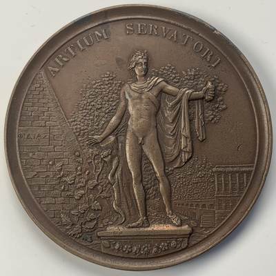 掌中浮雕-藏着的欧洲第042场 - 1822年瑞士日内瓦艺术协会奖章，60mm，正面阿波罗雕像上方的拉丁文意为“艺术的保护者”，背面日内瓦城市纹章上方的文字意为“黑暗之后的光明”