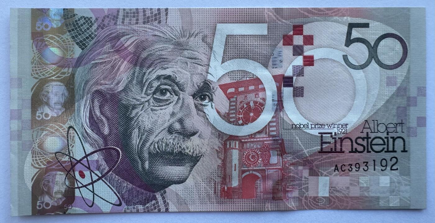 2025第25场（总第225期）：精品测试钞、纪念钞、塑料钞、连体钞综合场 德纳罗DLR“爱因斯坦”50面额DepthThread®景深安全线测试钞UNC