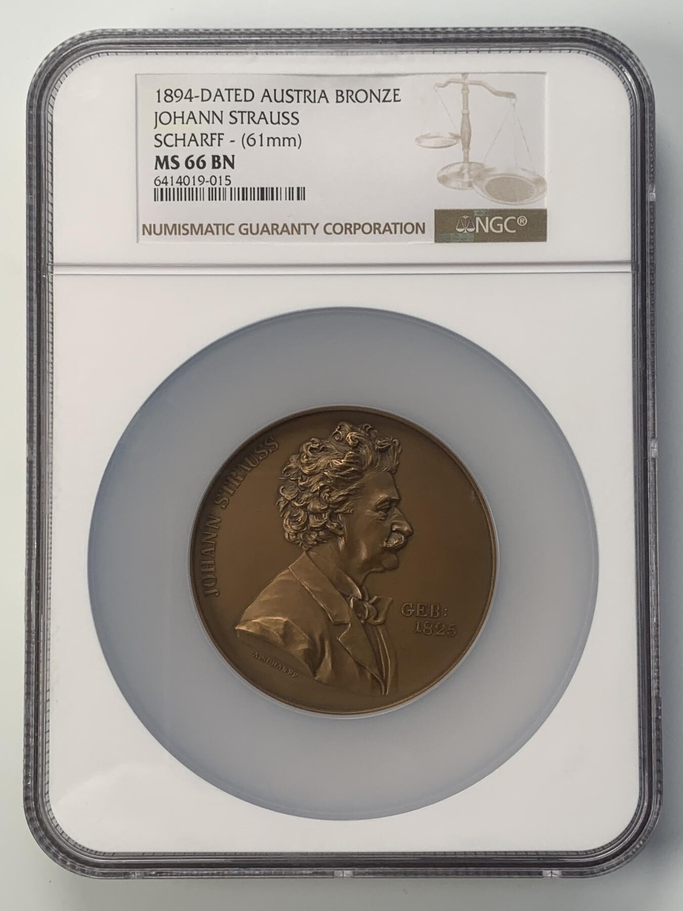 掌中浮雕-藏着的欧洲第042场 NGC MS66 : 1894年奥地利音乐家约翰施特劳斯铜章 , 61mm，大师安东沙夫作品