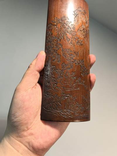 老竹雕风景诗文双面臂搁镇纸摆件 