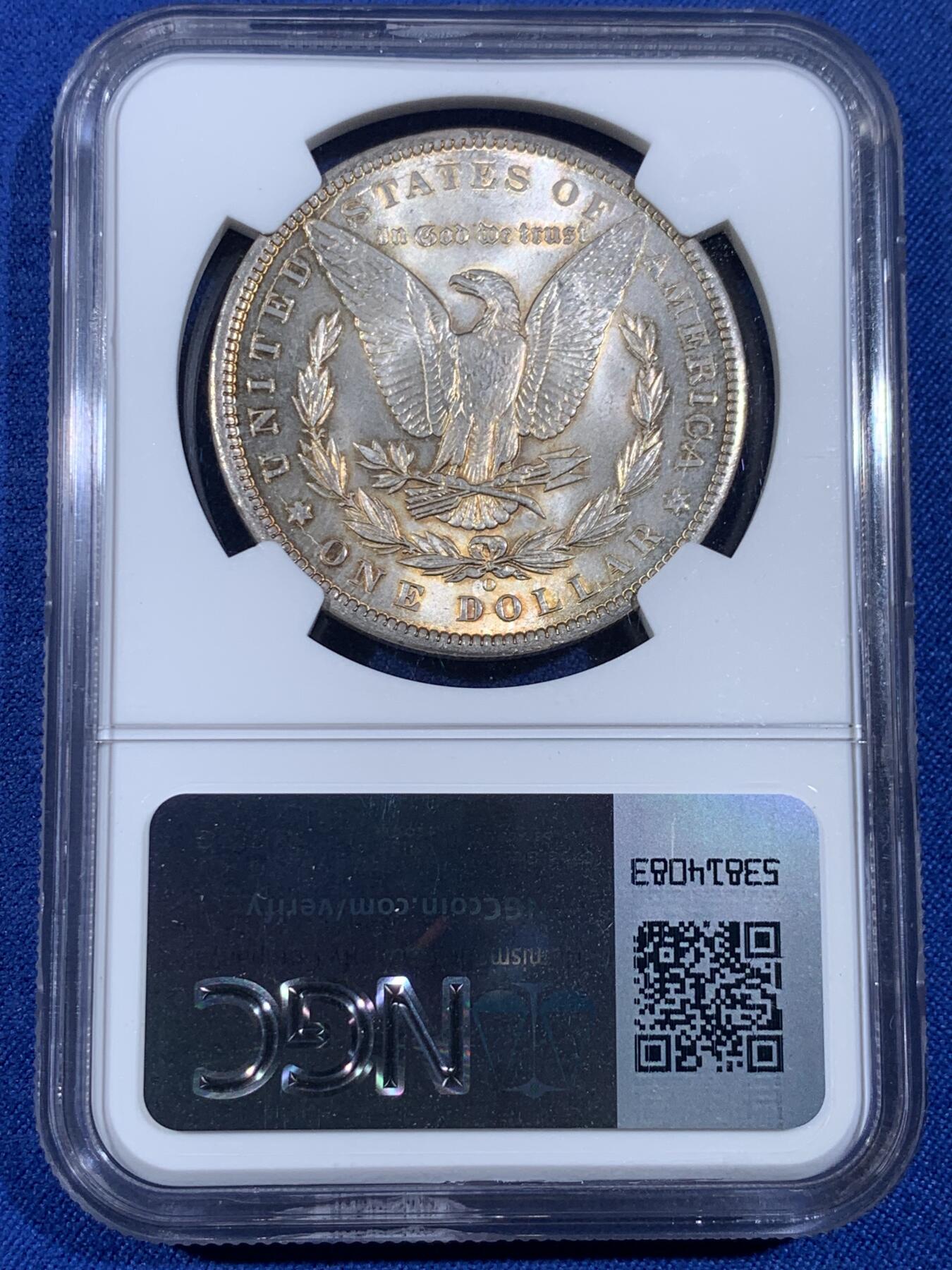 《竞宝斋》第439场 周日，周一，周二 3场连拍 （全场包邮） NGC MS63 美国1899年摩根银币O版 正反都有淡金彩包浆 不太常见的年份