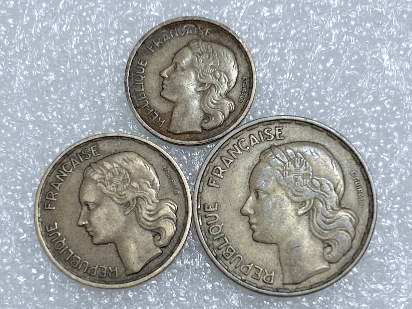第一海外回流一元起拍收藏 散集专场  第268期 法国1953年高卢鸡铜币3枚 （50+20+10）法郎