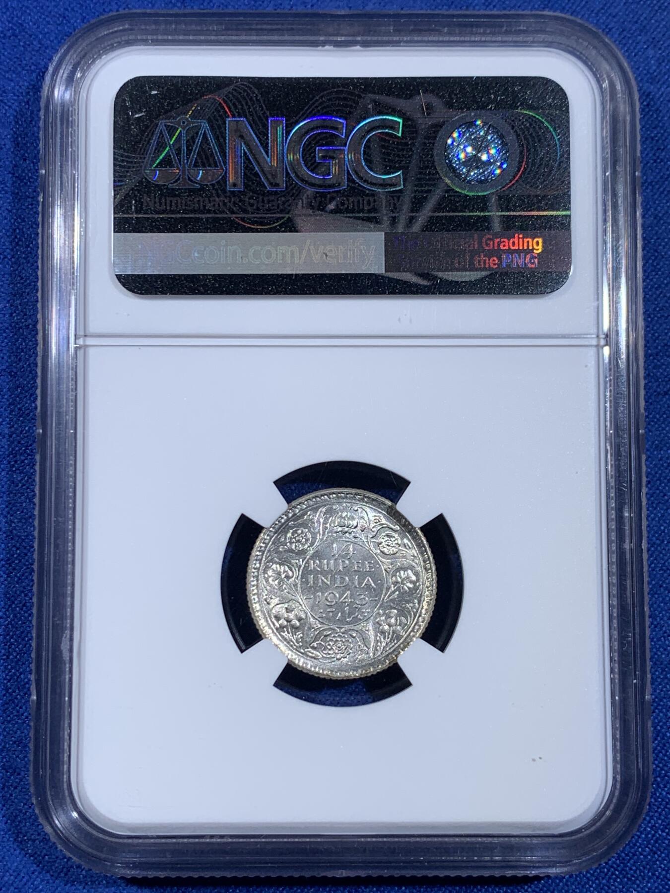 《竞宝斋》第439场 周日，周一，周二 3场连拍 （全场包邮） NGC MS64 英属印度1943年乔治六世1/4卢比银币 卷拆原光