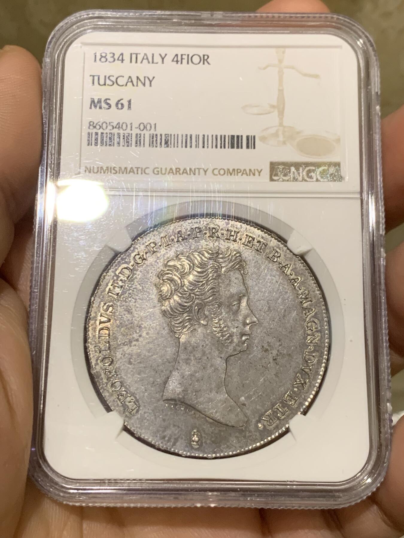 《竞宝斋》第439场 周日，周一，周二 3场连拍 （全场包邮） NGC MS61 意大利托斯卡纳 1834年 利奥波多二世 4Fiorino 罕见品种 打制状态优秀 深打极其少见 意邦核心 成交记录稀缺