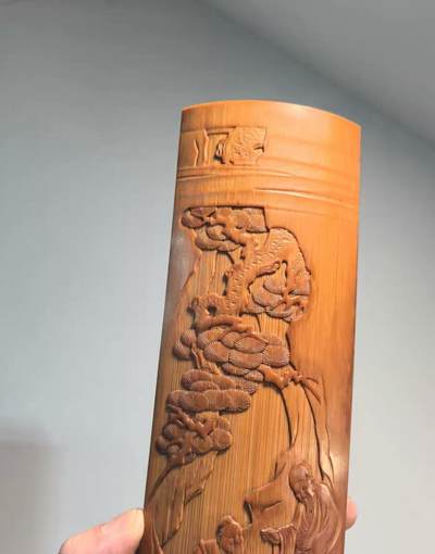 精品竹雕松下高仕图臂搁摆件镇纸  