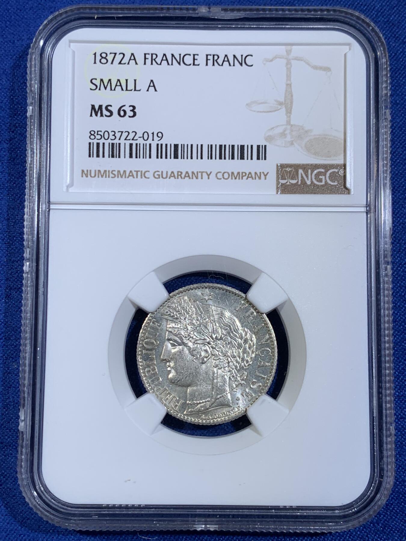 《竞宝斋》第439场 周日，周一，周二 3场连拍 （全场包邮） NGC MS63 法国 1872小A版 谷物女神 1法郎银币 高点俱在 丝滑底板