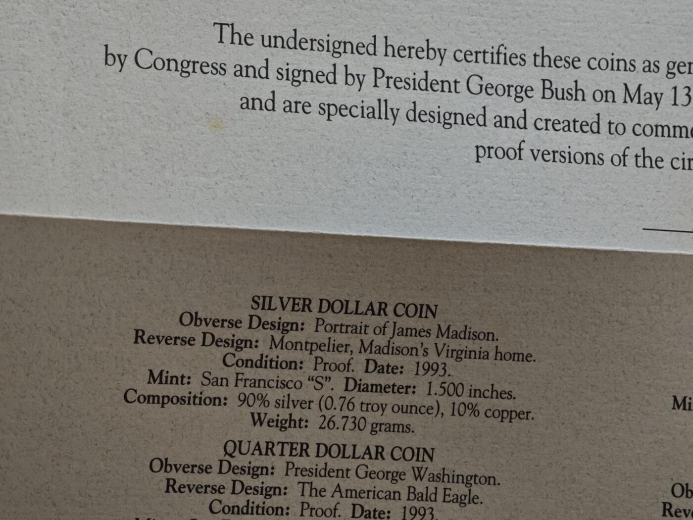 【淘币小摊】实时拍第七百九十九拍   银币套币场   满百包邮可预留二周 每周一统一发货   美国1993年精制套币含麦迪逊银币一对 银币重39.2克900银 银价407