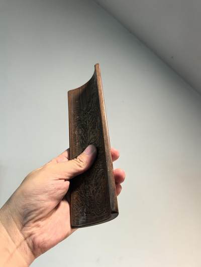 老竹雕双面风景诗文臂搁镇纸摆件 双面雕工