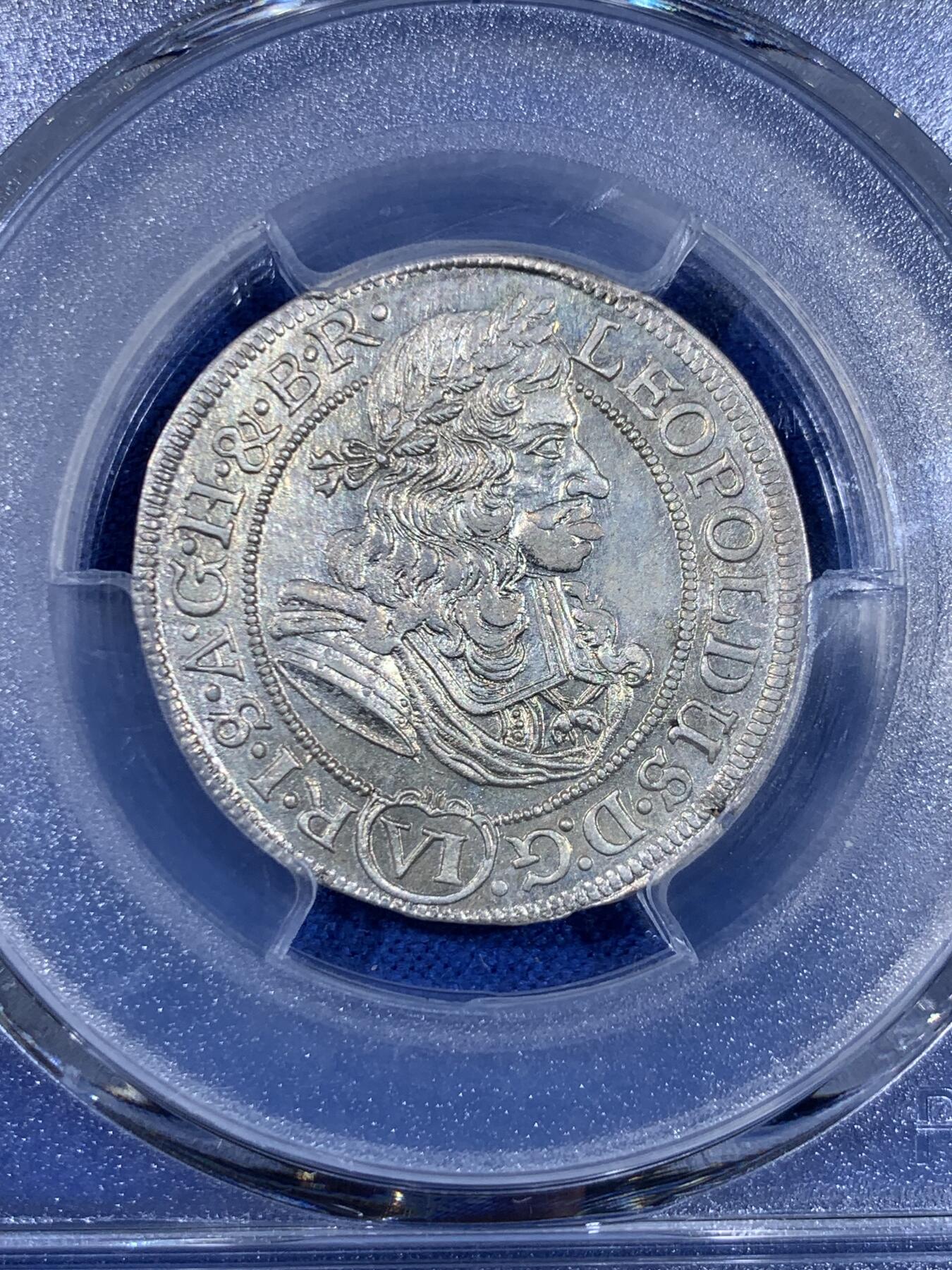 《竞宝斋》第439场 周日，周一，周二 3场连拍 （全场包邮） PCGS MS65 神圣罗马帝国1686年利奥波德皇帝6克鲁泽银币 冠军分，无与伦比的光泽和品相，极其难得，唯一评级记录，波兰布雷斯劳厂铸造