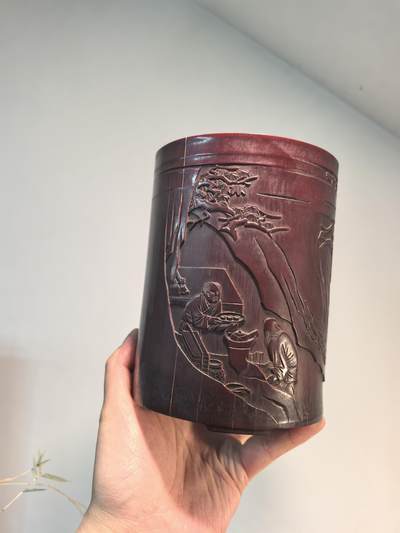 笔筒清代木雕名家刻竹雕人物松下对弈人物故事笔筒 