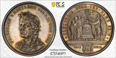 万国钱币拍卖第055期 - PCGS MS61 1859年德国 LOOS名家设计席勒诗歌中《DIE GLOCK》场景纪念大银章 41MM 29G 高浮雕镜面酱彩