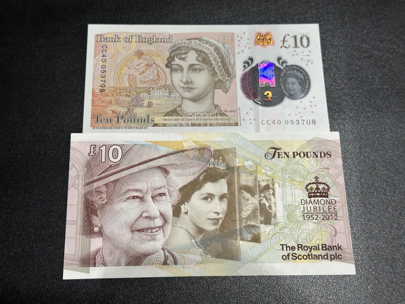 《外钞收藏家》第五百八十六期（品种丰富、精品多）（本平台长期征集拍品、欢迎藏友们联系合作） 英国女王版10镑塑料钞AU品相+苏格兰10镑全新不绝如图