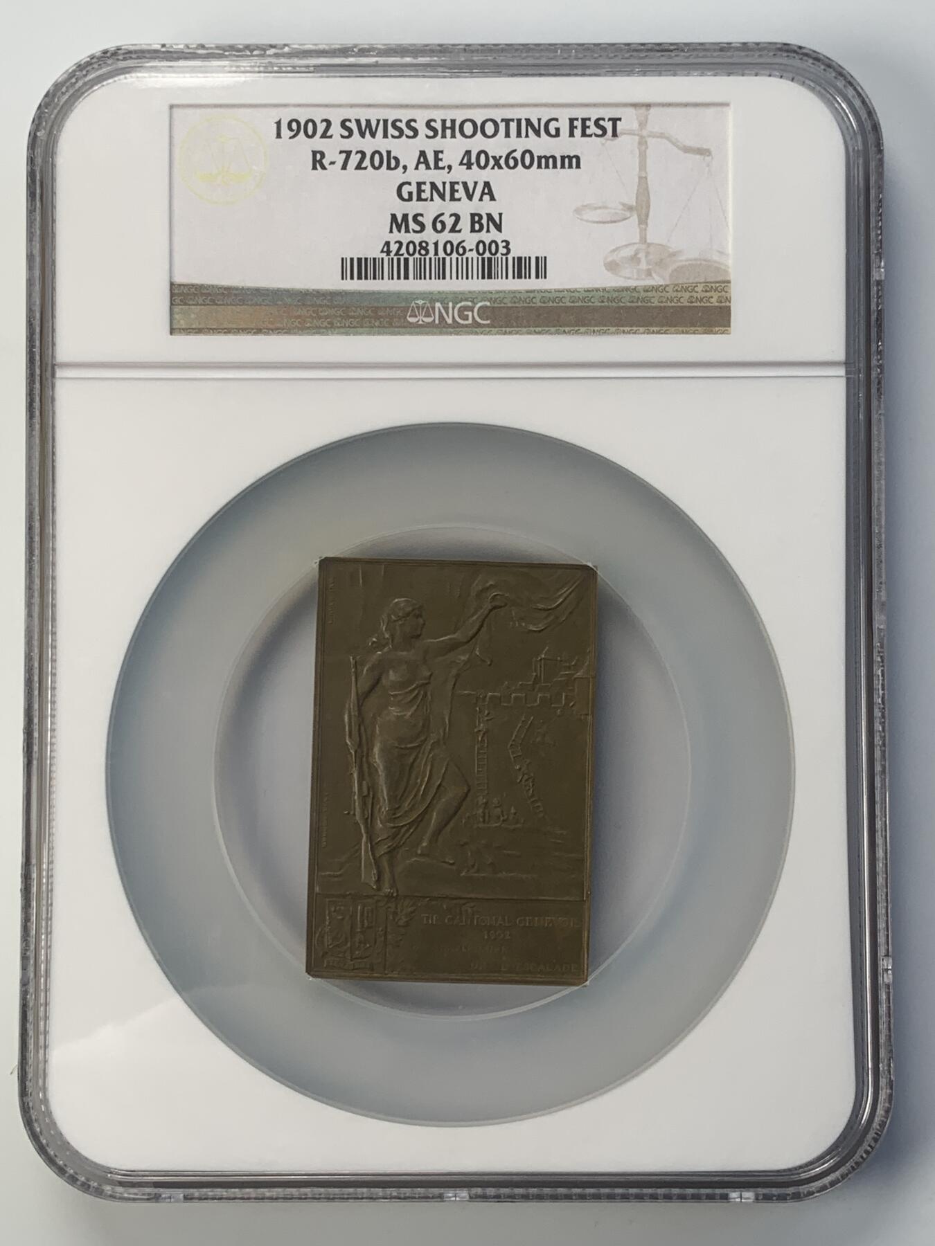 掌中浮雕-藏着的欧洲第042场 NGC MS62 : 1902年瑞士日内瓦登城节300周年矩形铜章,  40*60mm