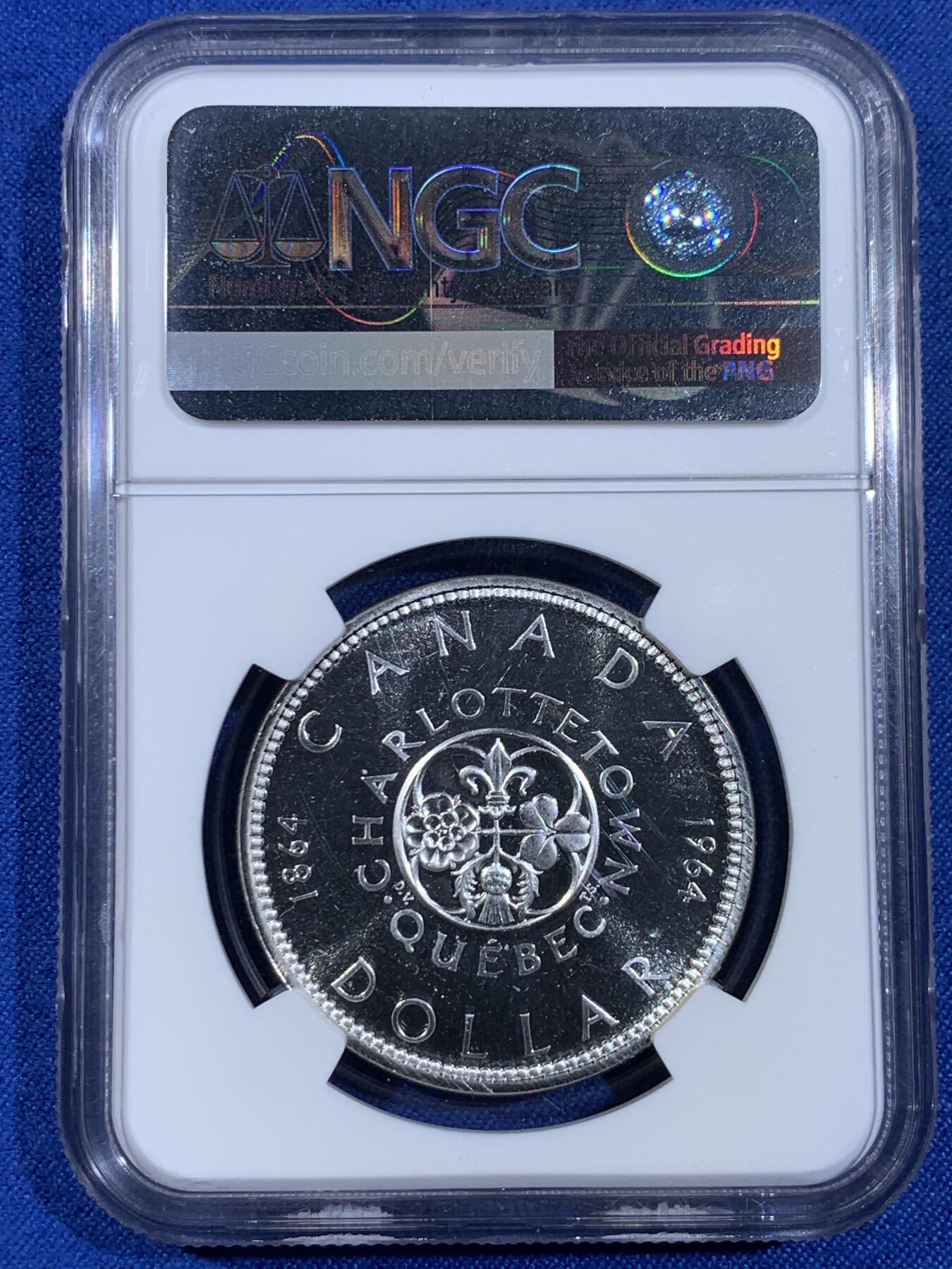 《竞宝斋》第439场 周日，周一，周二 3场连拍 （全场包邮） NGC PL65CAMEO 加拿大1964年夏洛特敦百年纪念银币 1元精制币