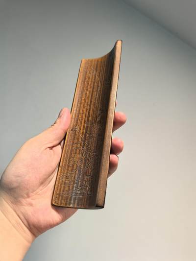 老竹雕人物诗文臂搁镇纸摆件  双面雕工