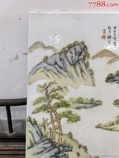老物件浅降彩山水瓷板，粉彩工艺
