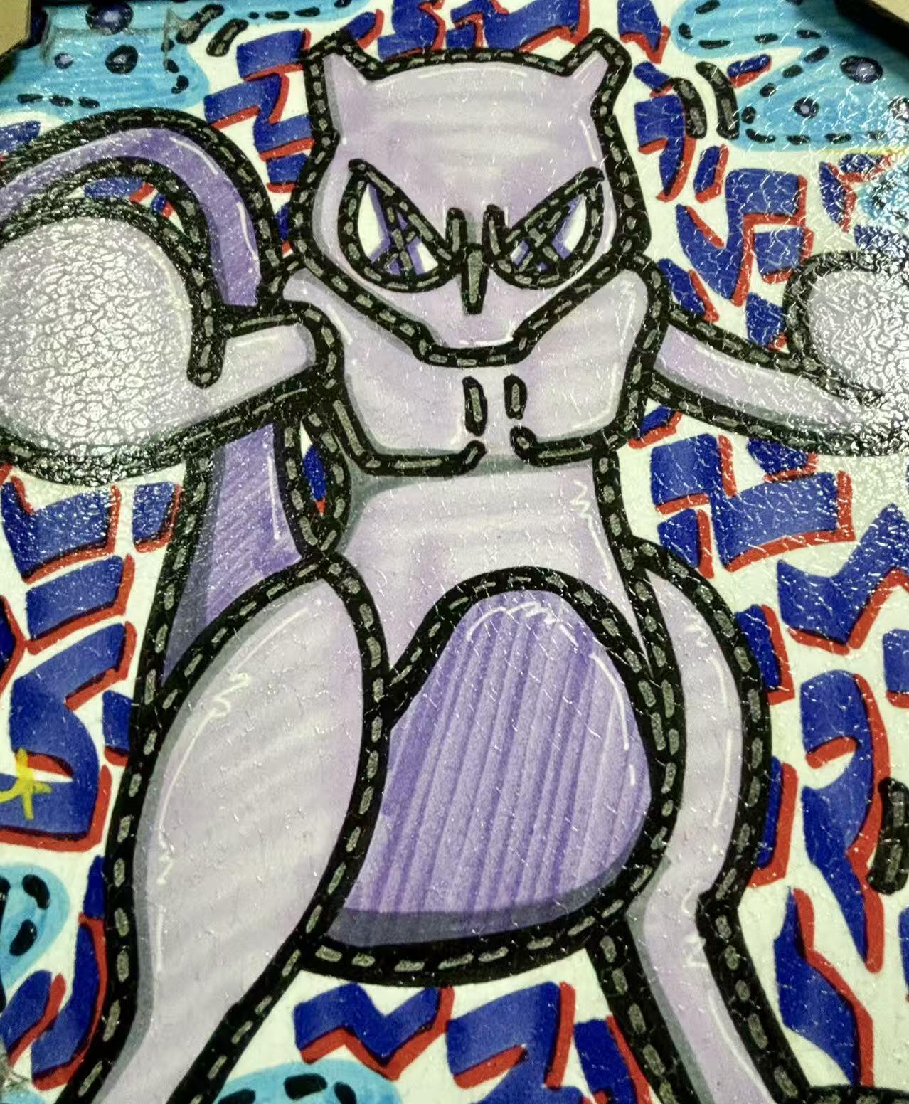 零元拍：歪歪 OWSON 系列作品装饰肌理画《宝可梦-超梦》，相框尺寸35/35CM。因展品出展，镜框可能有轻微划痕，介意勿拍