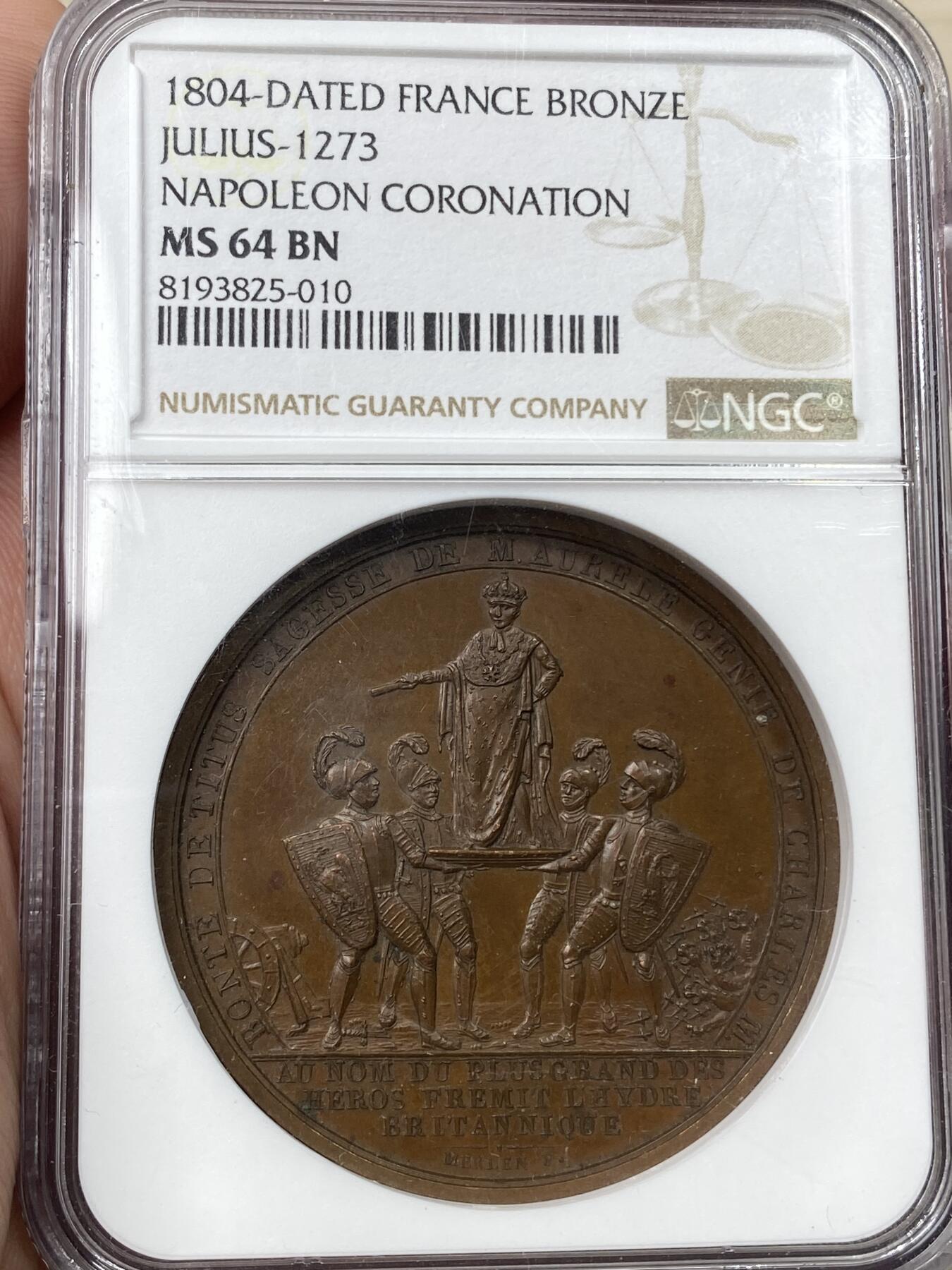 万国钱币拍卖第055期 NGC MS64 1804年法国法兰西第一共和国皇帝拿破仑一世加冕纪念铜章 光边原铸 同时纪念梵蒂冈教皇国庇护九世访问巴黎 原铜光顶级品相