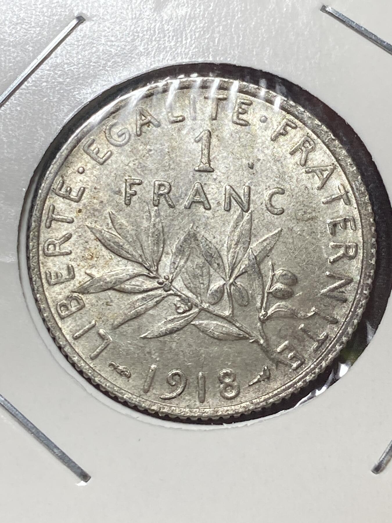 2025年第一百三十场(总第一百五十六场）外国好品纸夹散币场(免佣金) 带光好品–法国🇫🇷1918年1法郎银币(法兰西第三共和国时期，835高银)