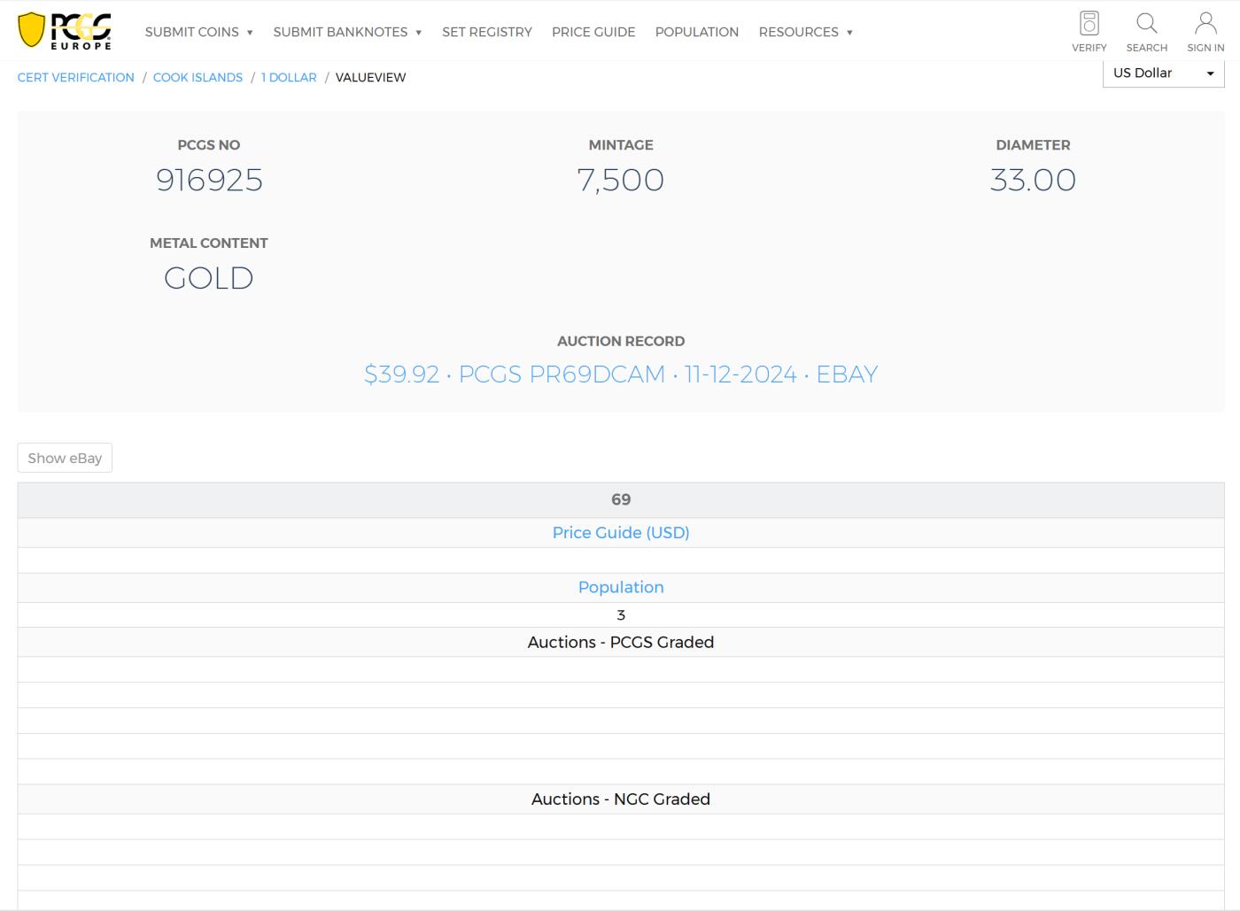 PThappally收藏第54次拍卖，英联邦地区硬币纸币 库克群岛 2009 年 1 元  31.1g  银币 PCGS PR69DCAM 