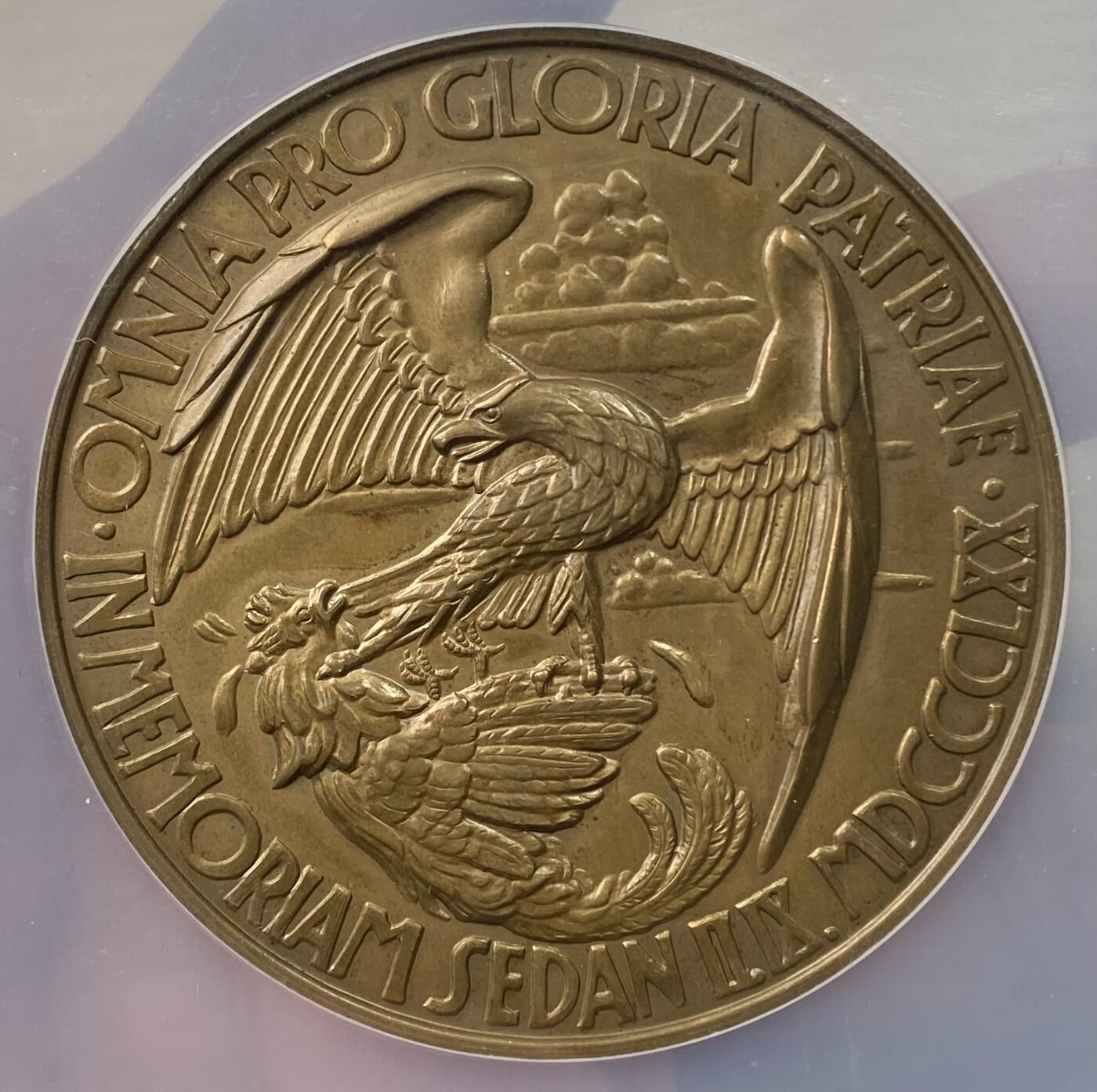 万国钱币拍卖第055期 NGC MS64  1930年德国普法战争色当战役胜利60周年纪念大铜章 正面左至右首相俾斯麦|参谋总长毛奇|战争部长罗恩是奠定普法战争胜利的关键三人 此战役成功俘获拿破仑三世 并在后续建立德意志第二帝国 60MM大规格罕见