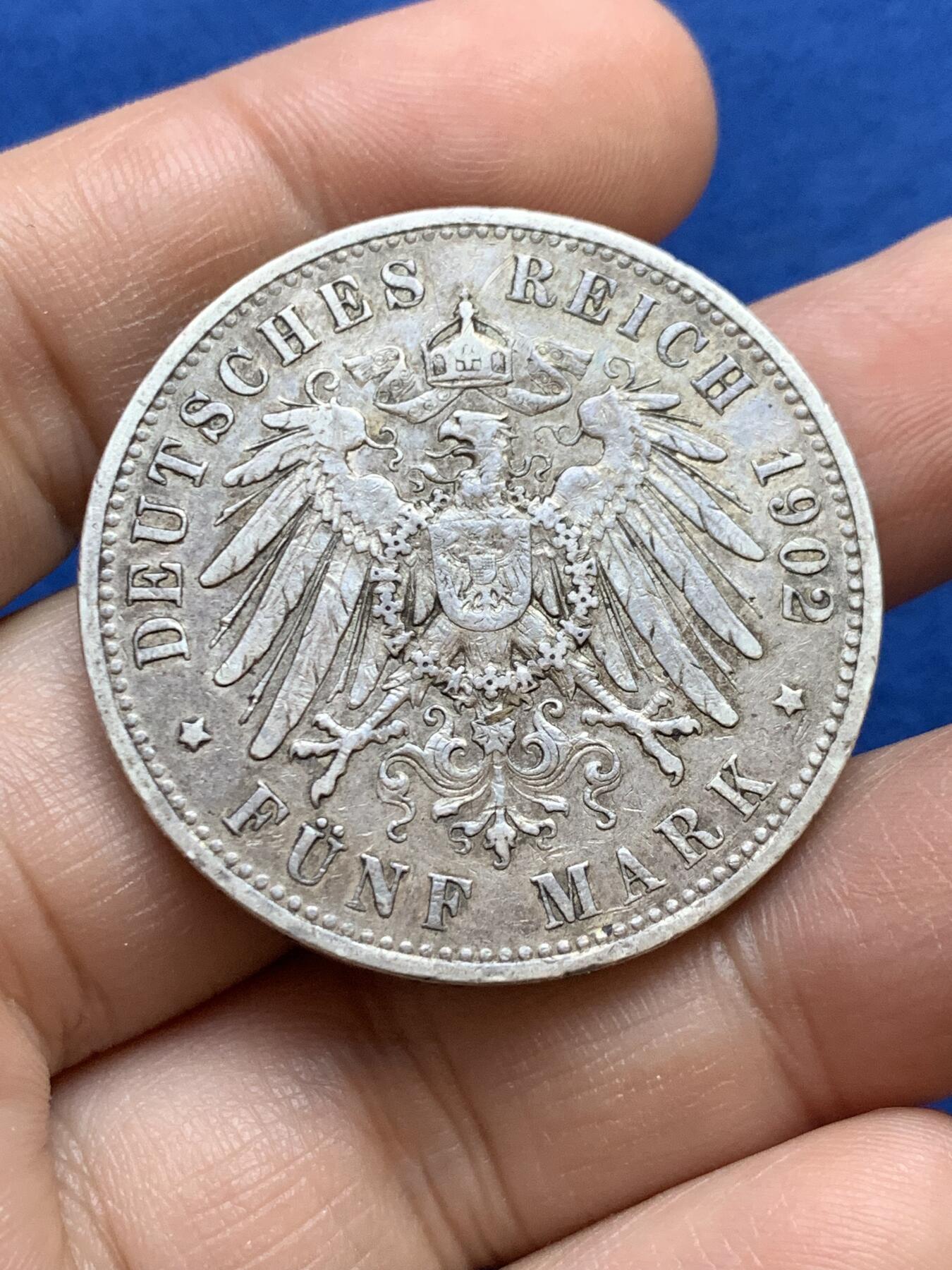 《竞宝斋》第439场 周日，周一，周二 3场连拍 （全场包邮） 德国1902年普鲁士5马克A厂 原味包浆