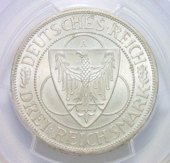【银】PCGS MS64 德国魏玛1930年莱茵解放3马克纪念银币 开卷丝绸原光